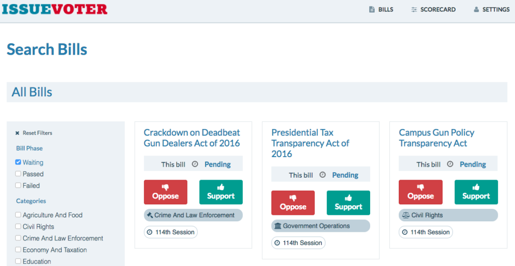 The search page for congressional bills on IssueVoter
