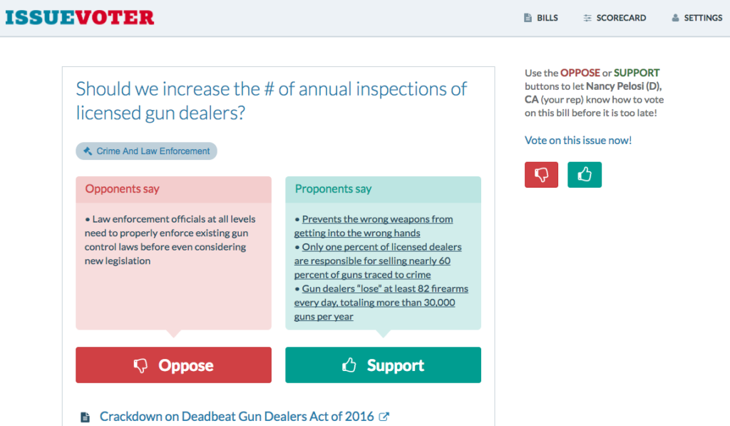 the voting page for a bill on regulating gun sales as it appears on IssueVoter