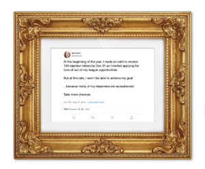 a gold-framed tweet created by stickermule's Framed Tweet service, a joke about how proud people are of their best tweets, even if useful for your job-seeking website